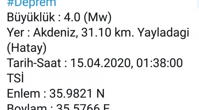 Akdeniz'de 4.0 büyüklüğündeki deprem meydana geldi. Deprem Hatay'ın Yayladağı ilçesinde de hissedildi.