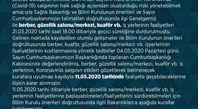 Karamanda Berber/Güzellik Salonu/Kuaförlerin Açılması Genelgesi