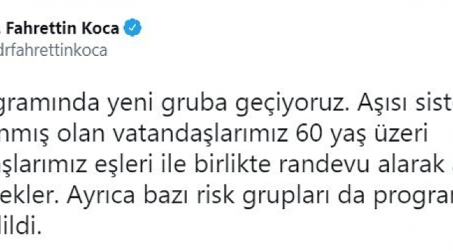 Covid-19 aşılamasında 60 yaş üzeri vatandaşlar için randevu sistemi açıldı