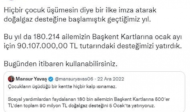 Ankara Büyükşehir'den 180 bin aileye doğal gaz desteği