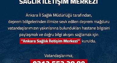 Ankara'ya sevk edilen depremzedelerin yakınlarına ulaşılabilmesi için 'Ankara Sağlık İletişim Merkezi' kuruldu