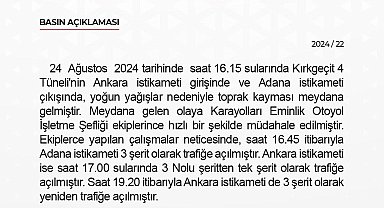Niğde'de Kırkgeçit 4 Tüneli'nde toprak kayması nedeniyle ulaşım kısa süreli aksadı