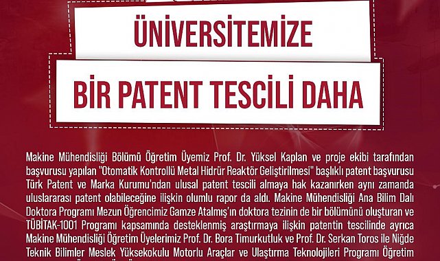 NÖHÜ'ye bir ulusal patent tescili daha