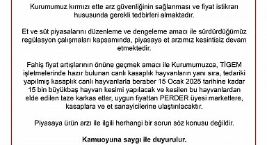 Et ve Süt Kurumu: "15 Ocak 2025 tarihine kadar 15 bin büyükbaş hayvan kesimi yapılacak"