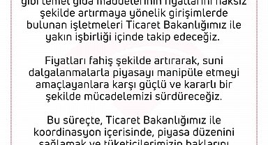 Tarım ve Orman Bakanlığı: "Suni dalgalanmalarla piyasayı manipüle etmeyi amaçlayanlara karşı mücadelemizi sürdüreceğiz"