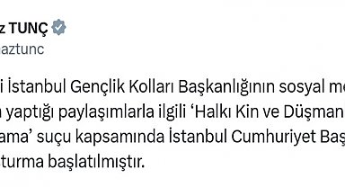 Bakan Tunç, Zafer Partisi İstanbul Gençlik Kolları Başkanlığı'nın yaptığı paylaşımlarla ilgili soruşturma başlatıldığını duyurdu