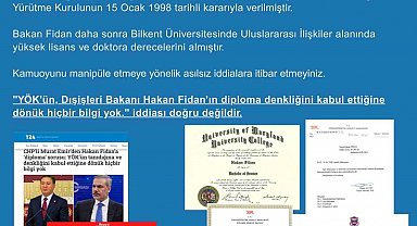 Dezenformasyonla Mücadele Merkezi: "Dışişleri Bakanı Fidan, Yönetim ve Siyaset Bilimi alanında lisans eğitimini tamamlamıştır"